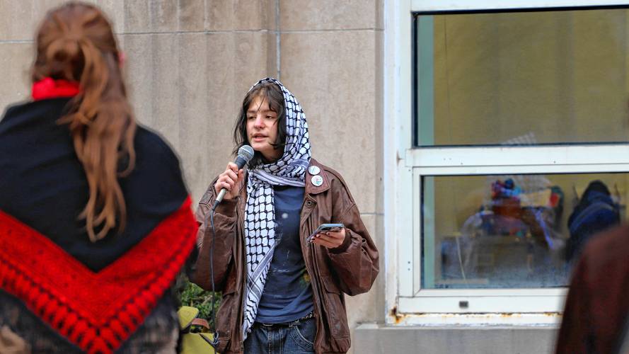 Yana Zaghloul, 18, speaks during a walkout of Northampton High School students to protest the ongoing Israel-Hamas war. 