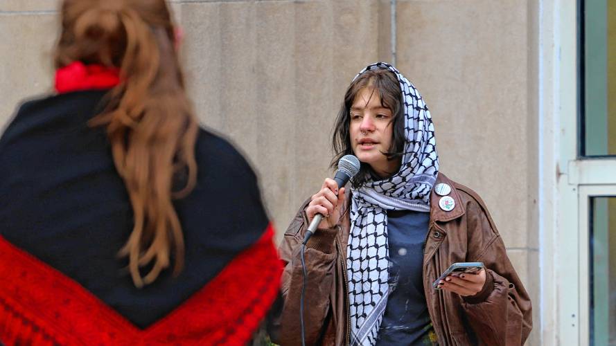 Yana Zaghloul, 18, speaks during a walkout of Northampton High School students to protest the ongoing Israel-Hamas war. 