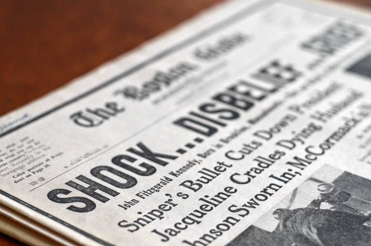 This Nov. 23, 1963, edition of The Boston Globe has the banner headline “SHOCK … DISBELIEF … GRIEF” the day after President John F. Kennedy was assassinated.