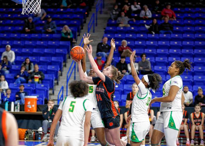 South Hadley’s Kate Phillips (24) drives to the hoop against Cathedral in the fourth quarter of the MIAA Div. 4 state championship Sunday at the Tsongas Center in Lowell. 