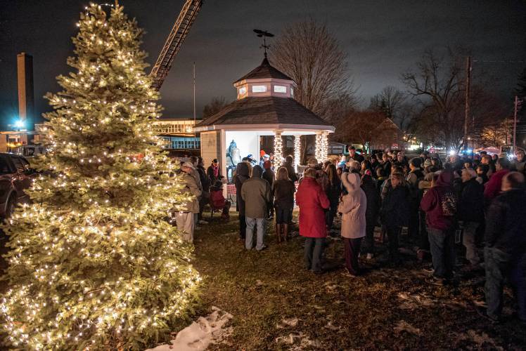 A live tree is lit to begin the second annual Celebration of Lights held at Hopkins Memorial Park gazebo in Hadley in 2018.