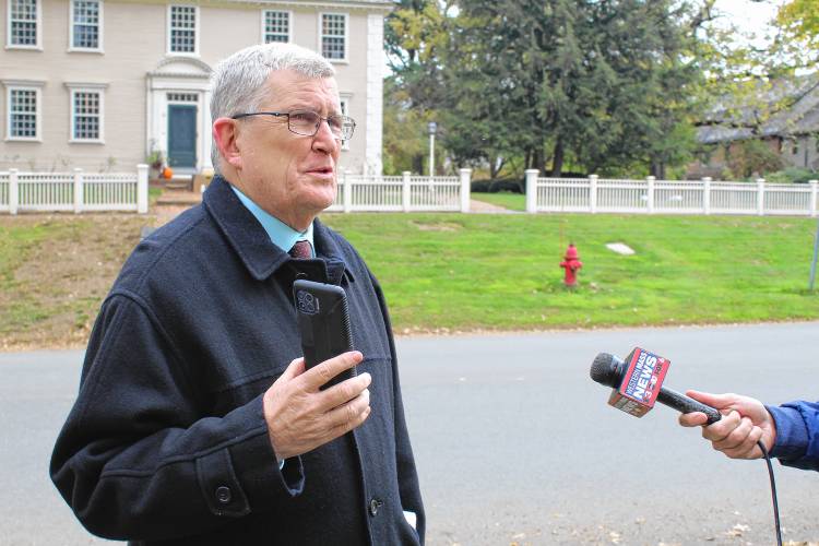 Robert Hoatson, co-founder and president of New Jersey-based nonprofit Road to Recovery, speaks to the news media Wednesday morning announcing the settlement of a sexual abuse claim between a former student and Deerfield Academy.