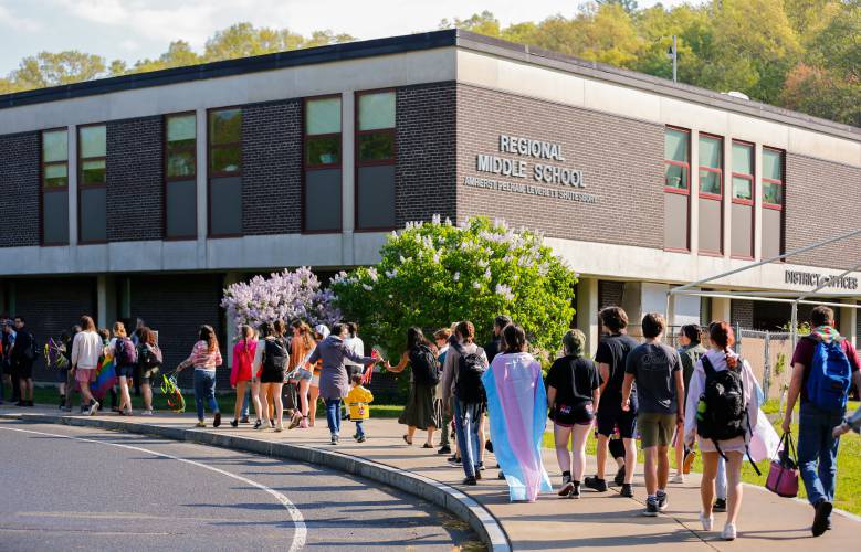 Amherst Regional High School students march to the middle school in support of LGBTQIA+ students earlier this year.