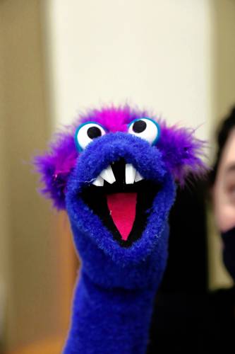 One of the finished puppets made during a deluxe sock puppet class by Homeslice Puppetry on Thursday night at the South Hadley Public Library. 