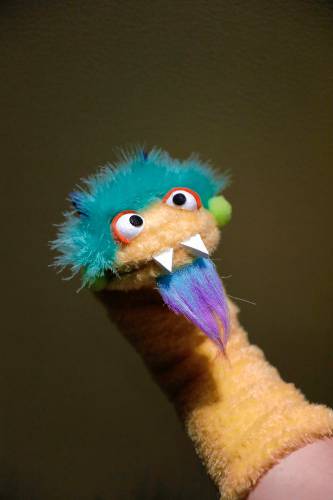 One of the finished puppets made during a deluxe sock puppet class by Homeslice Puppetry on Thursday night at the South Hadley Public Library. 