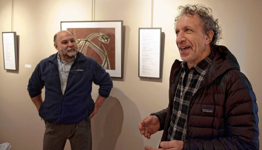Photographer Stephen Petegorsky, right, talks about his joint exhibit at R. Michelson Galleries, “Clearstories,” with writer and natural scientist Naila Moreira. At left is Paul Gulla, manager at the Northampton gallery.