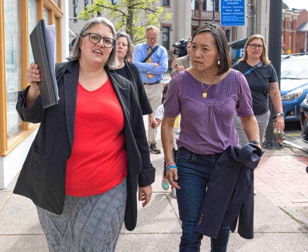 Northampton Mayor Gina-Louise Sciarra gives Yvonne Hao, secretary of the state’s Executive Office of Economic Development, a tour of downtown  Monday afternoon. Hao swung through the region to tour Northampton’s revitalized music scene, and also stopped in Easthampton.  