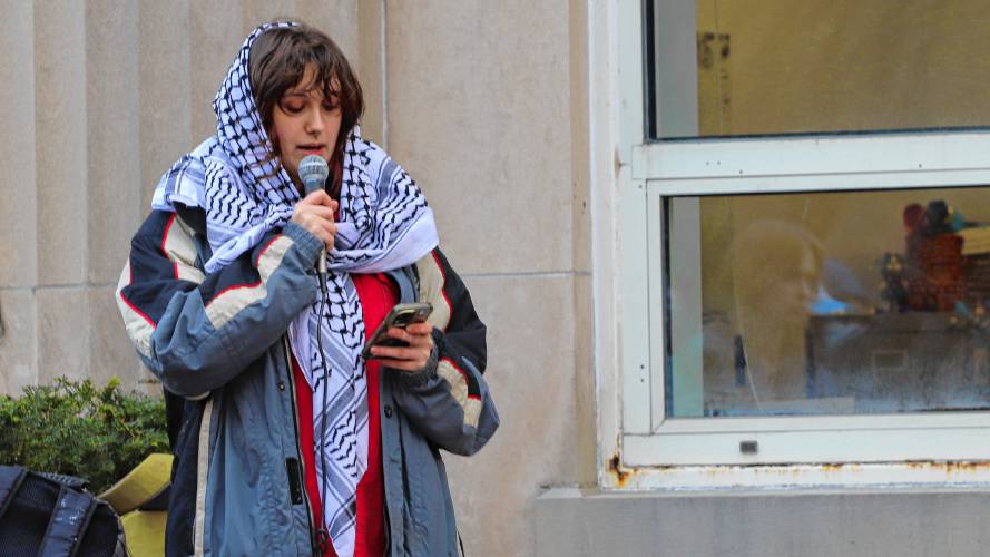 Sanza Parzybok, 17, speaks during a walkout of Northampton High School students on Tuesday to protest the ongoing Israel-Hamas war. 