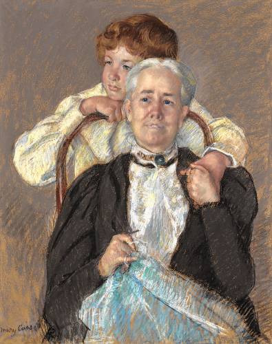Mary Cassatt was strongly influenced by Edgar Degas and was the only American woman allowed to join and exhibit with the Impressionists. Here is her 1898 pastel, “Portrait of Mrs. Cyrus J. Lawrence.”