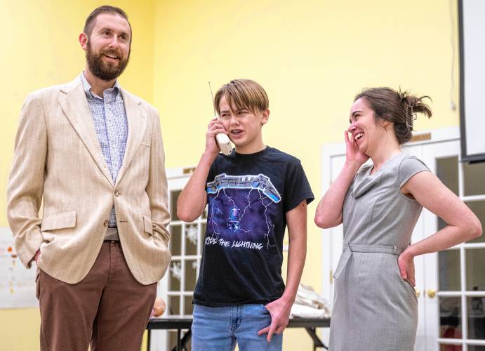 From left, Travis Maider, Jaxon Reddy and Kimberly Gaughan during a rehearsal for Easthampton Theater Company’s upcoming production of “On Golden Pond.”