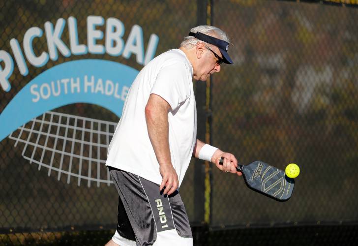 Tony Chapdelain competes in the senior division of the 3-day pickleball tournament Friday at Buttery Brook Park in South Hadley.