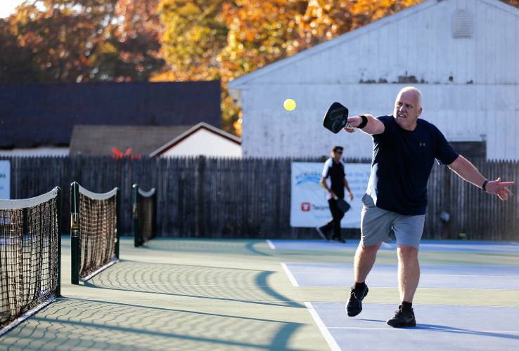 Bernie Puza competes in the senior division of the 3-day pickleball tournament Friday at Buttery Brook Park in South Hadley.